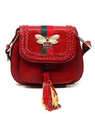 Queen Bee Stripe Tassel Saddle Crossbody Bag DL2767B RED